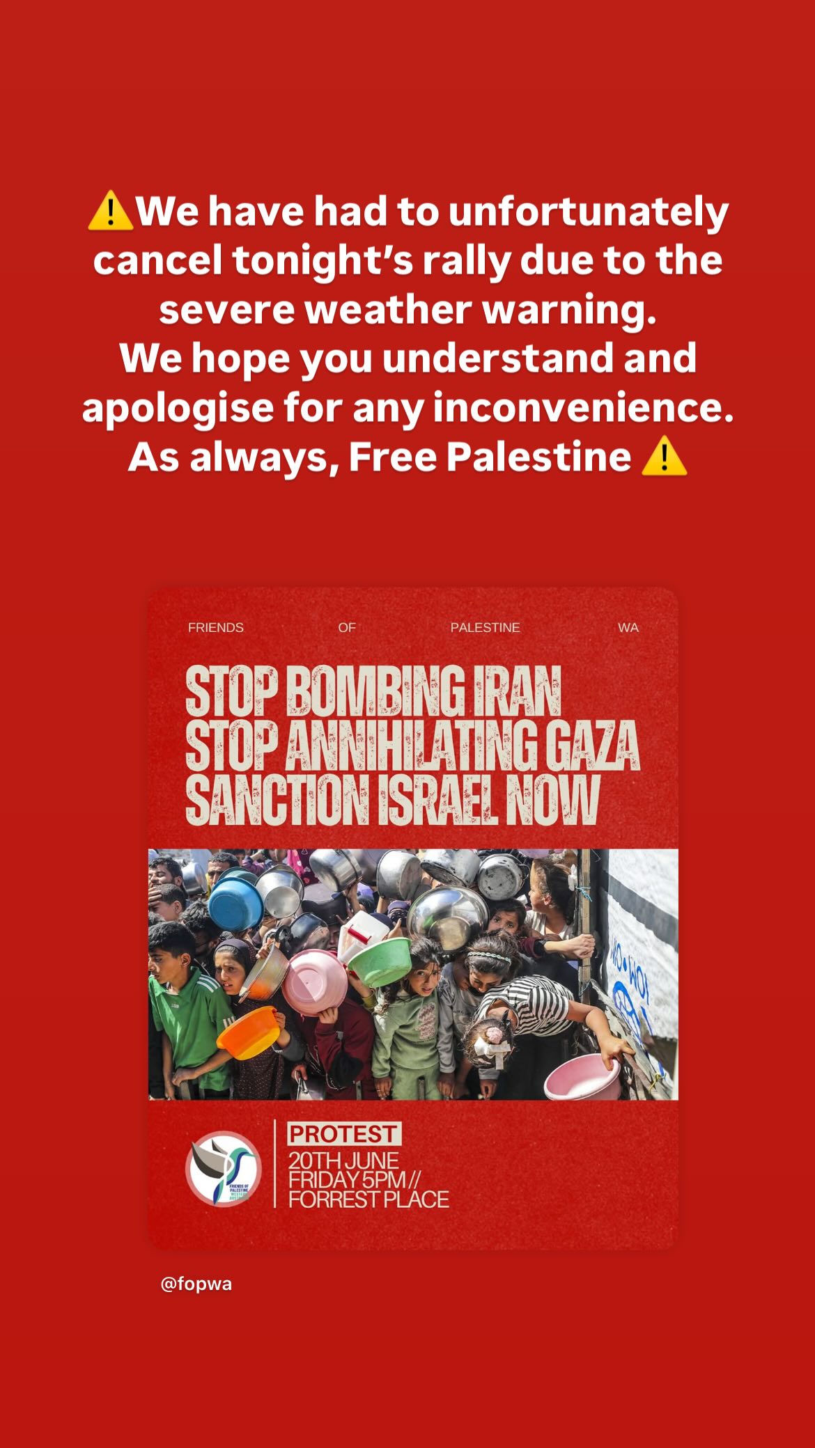 RALLY CANCELLED ~ FRIENDS OF PALESTINE WESTERN AUSTRALIA ~ (٥*˘▿˘) ﾞ☂･˙｡°･ˇ