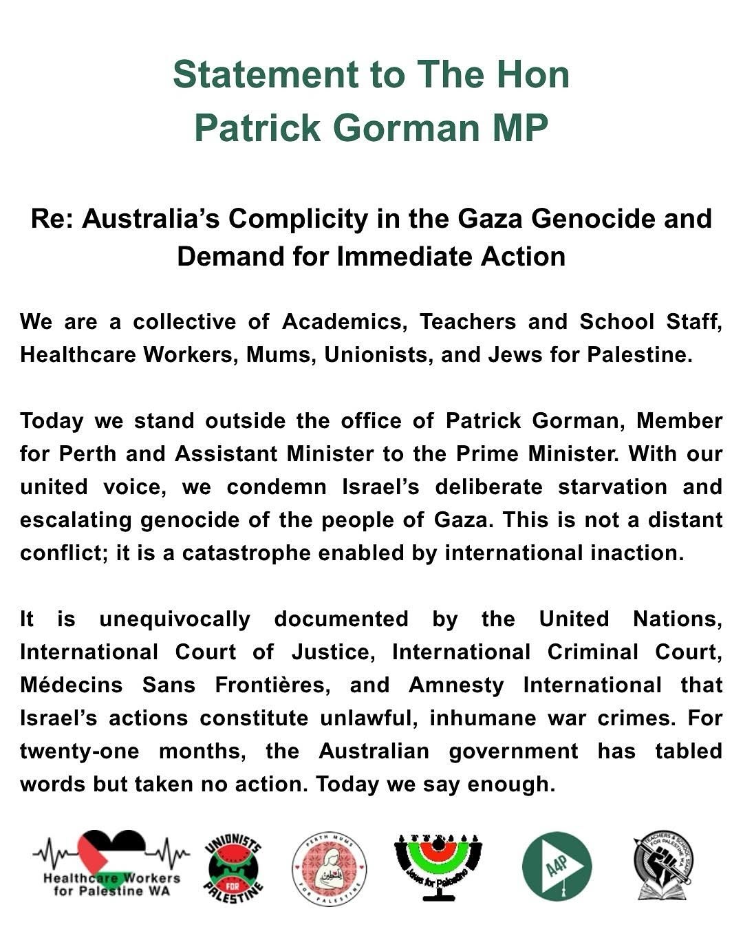 Statement to The Honourable Patrick Gorman MHR