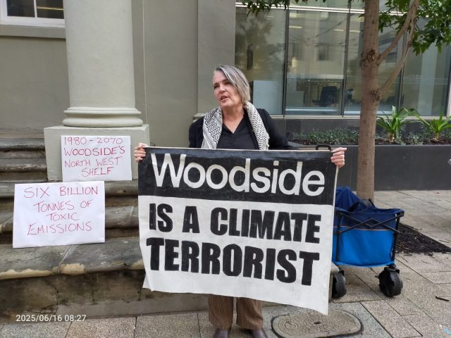 Event Listing BREAKING: Petrina's Emergency Defence trial begins at Perth Magistrates Court. Petrina pled not guilty after blocking the road leading into Woodside's Burrup Hub with a boat in 2024, on the grounds that her actions were in proportion to the emergency created by Woodside's emissions. Her trial begins today, which could serve to achieve climate protest rights in Western Australia....

https://moraleconomy.au/2025/06/17/rally-photos-petrina-harley-outside-perth-magistrates-court/